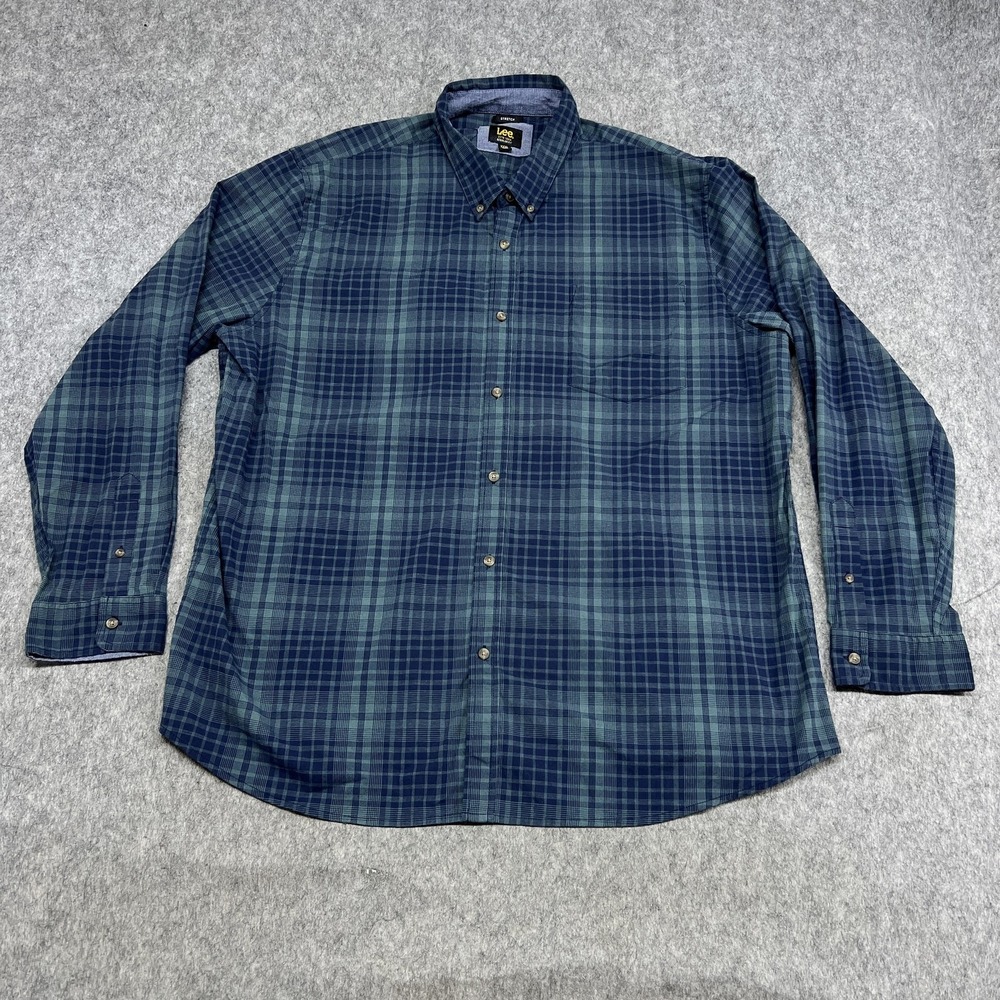 Lee‎ Shirt Mens 3XL Blue Plaid Long Sleeve Button Stretch Regular Fit Casual